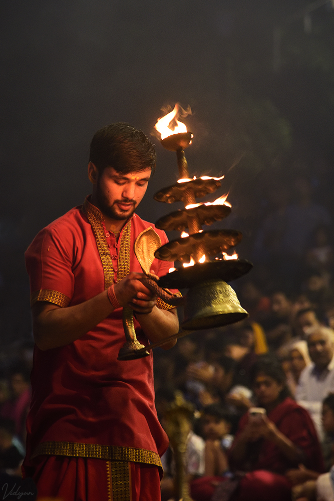 This an image of A Poojari during the famous Ganga-aarti in Rishikesh